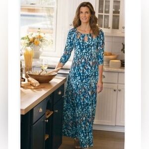 Soft Surroundings Blue Patterned Keyhole Maxi Dress Size 2X